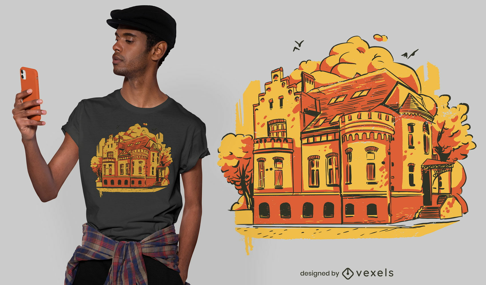 Edifício da igreja com design de camiseta da cidade