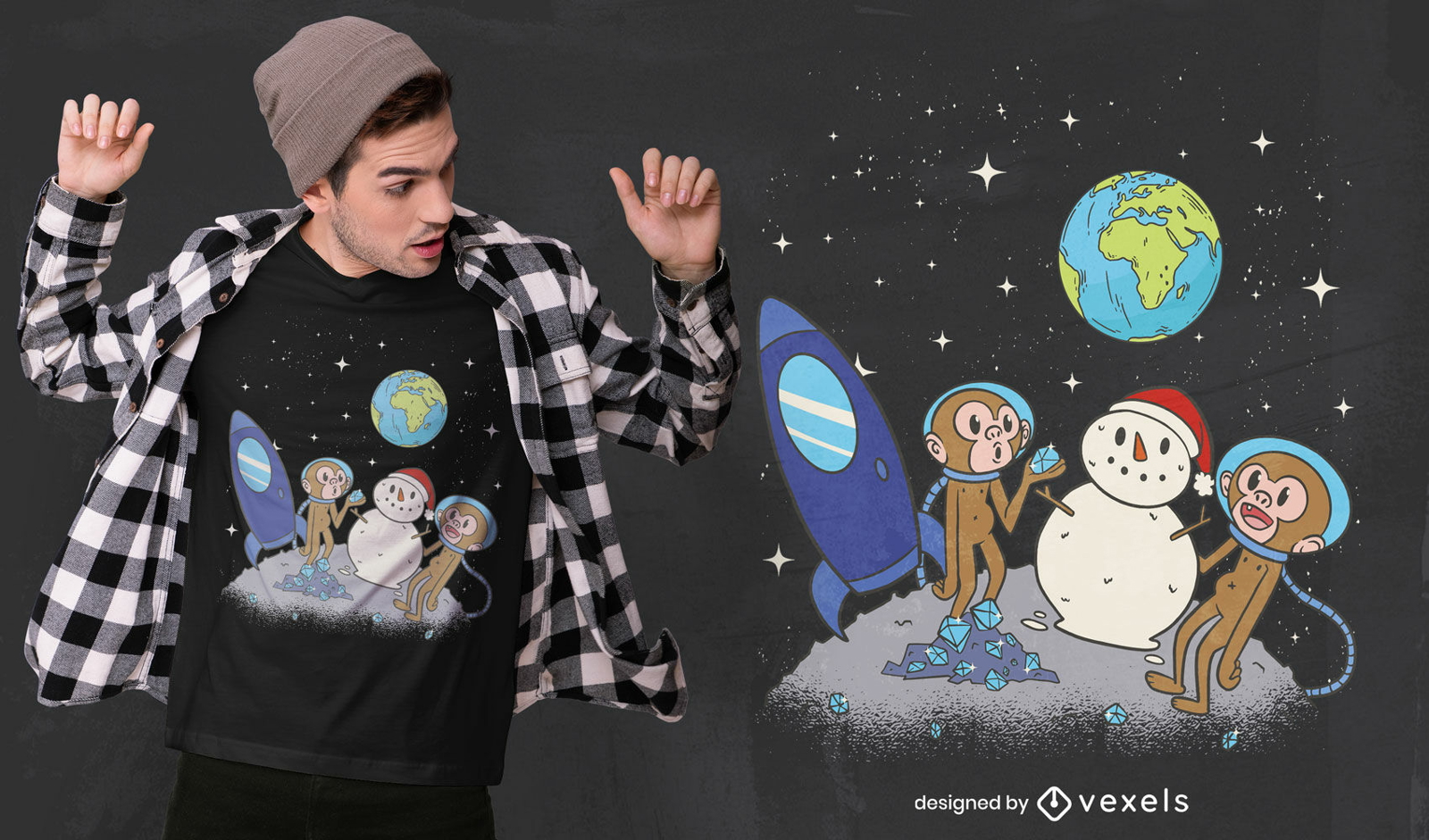 Affen mit Schneemann auf Weltraum-T-Shirt-Design