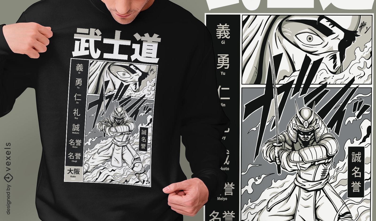 Diseño de camiseta de guerrero bushido japonés.