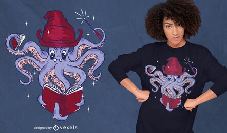 Wizard Octopus Reading Book T-shirt Design Vector Download