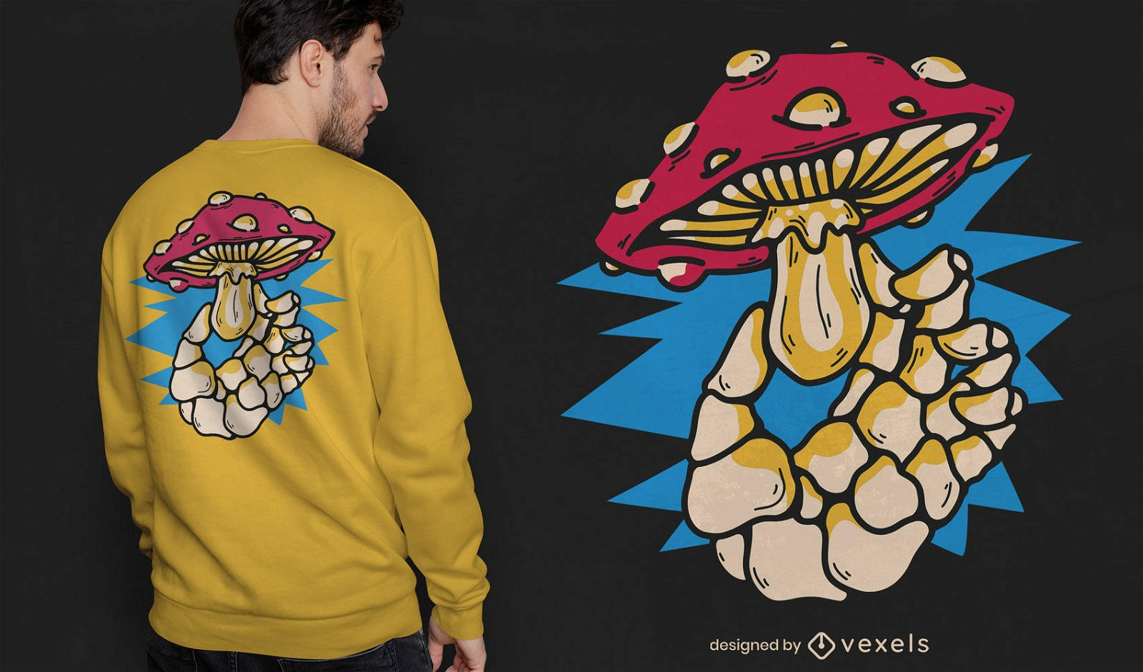 Mão de esqueleto segurando o desenho de uma camiseta em forma de cogumelo