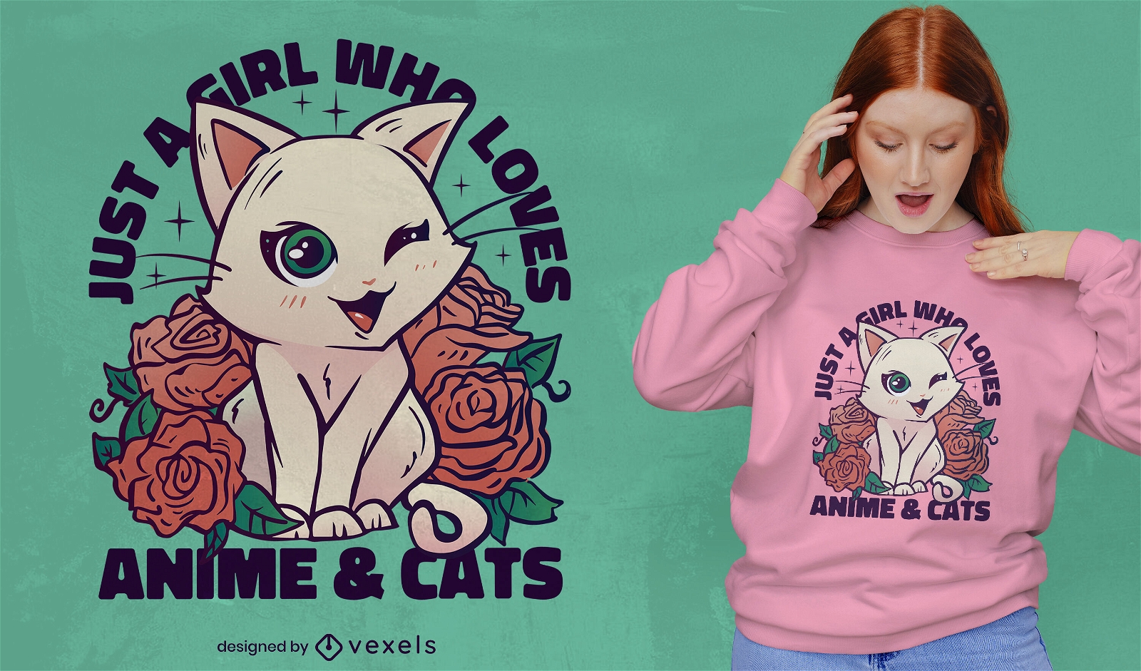 Diseño de camiseta kawaii gato y rosas