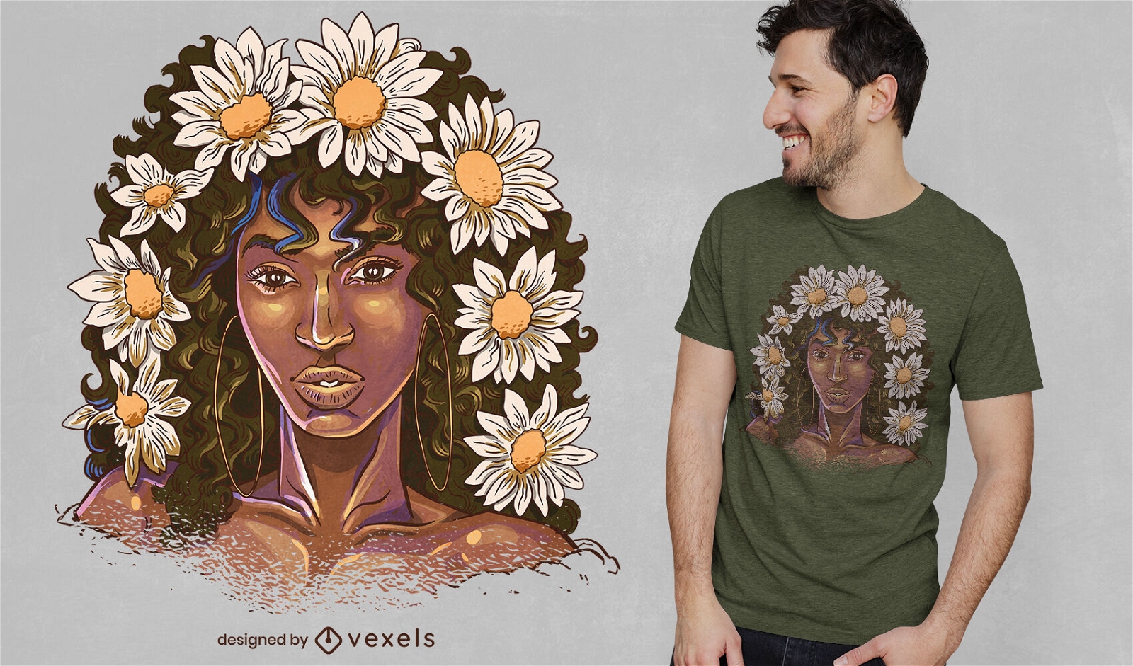 Diseño de camiseta de niña africana y flores.