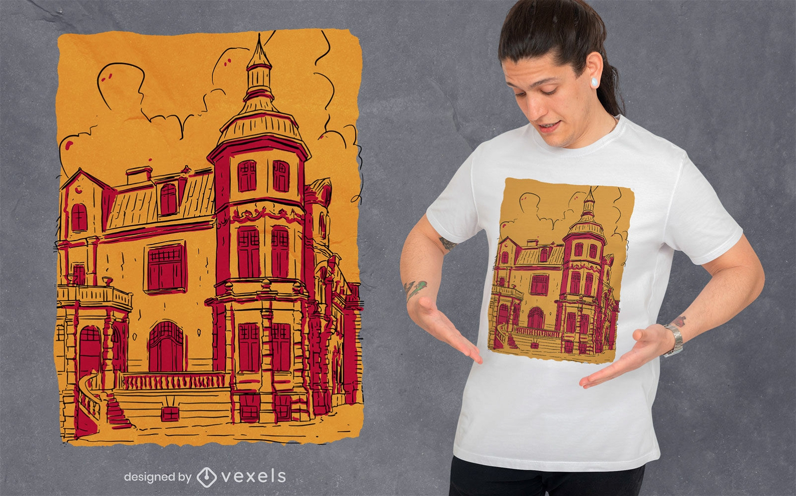 Diseño de camiseta de duotono de boceto de edificio