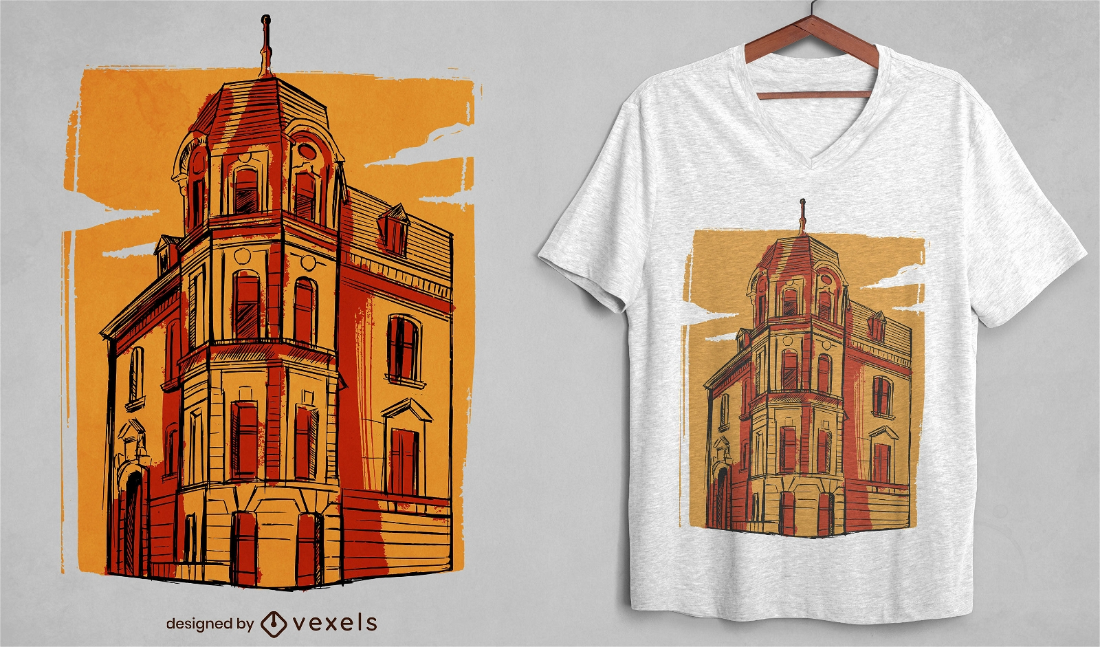 Diseño de camiseta de casa de bosquejo de edificio antiguo