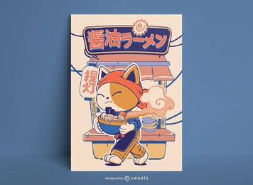Diseño de cartel de gato comiendo ramen