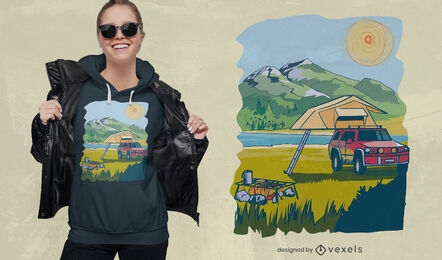 Design de t-shirt para acampamento com paisagem de lago
