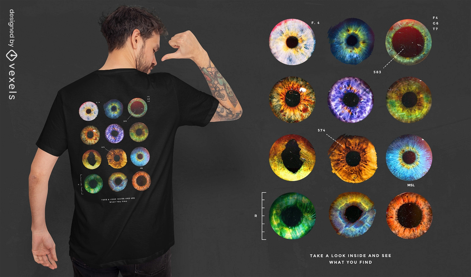 Design de t-shirt psd anatomia da íris do olho