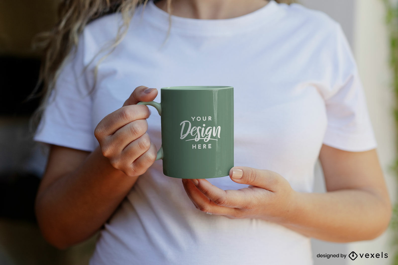 Female model holding mug mockup