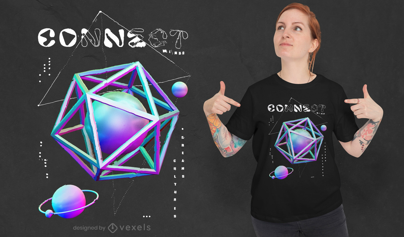 Diseño de camiseta psd de formas y planetas 3D.