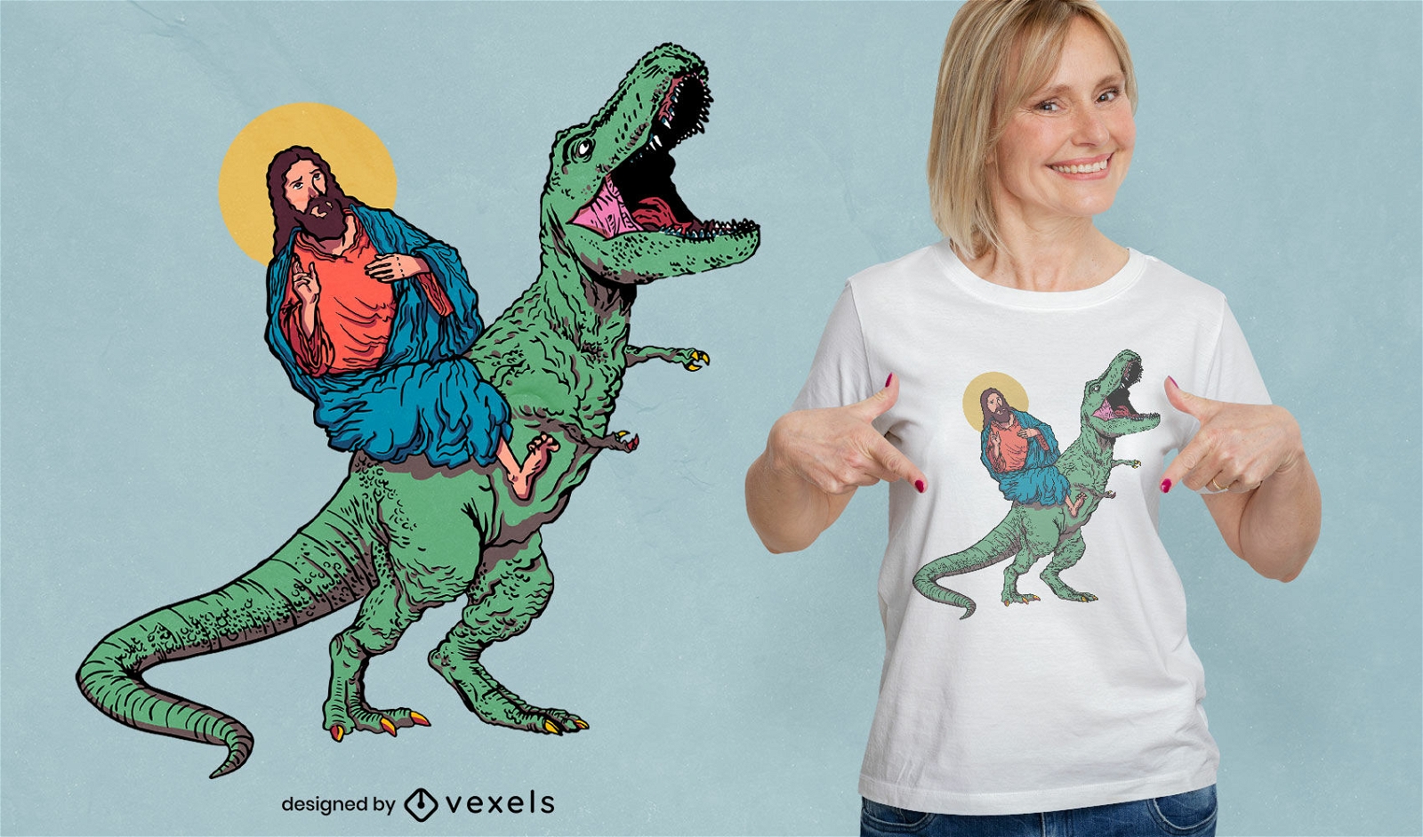 Design de camisetas engra?adas Jesus e t-rex