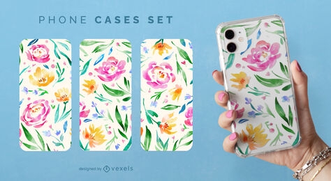 Conjunto de capas para celular com flores e folhas em aquarela