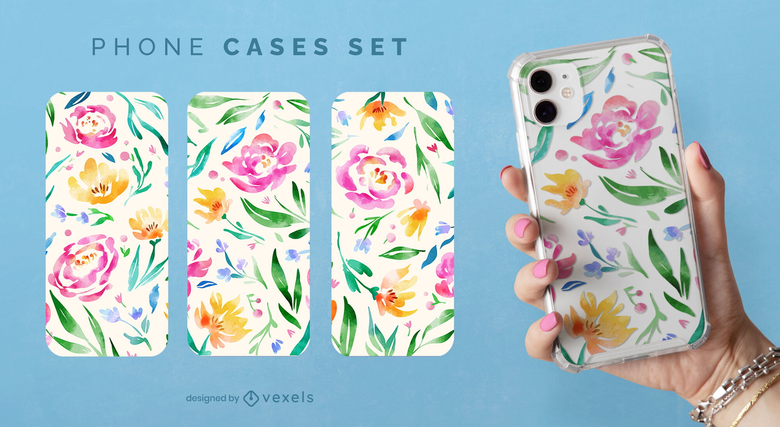 Conjunto de capas para celular com flores e folhas em aquarela