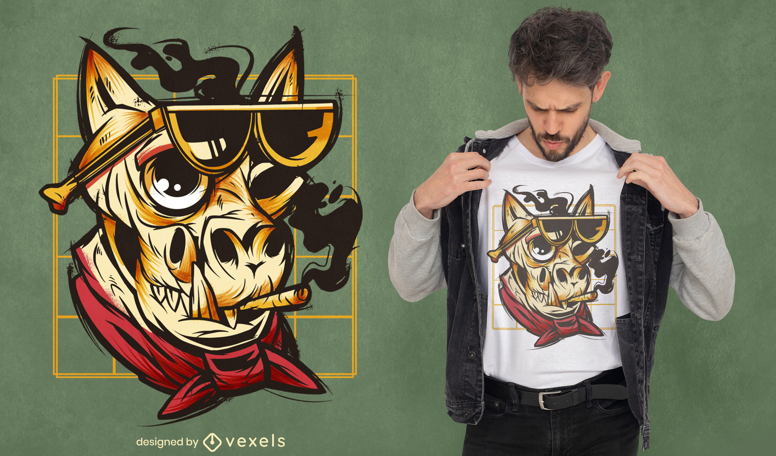 Design de t-shirt com caveira para cães fumando