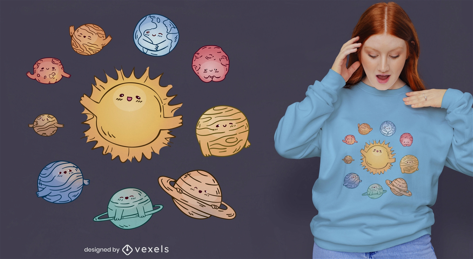 Sistema solar fofo com design de camiseta de planetas