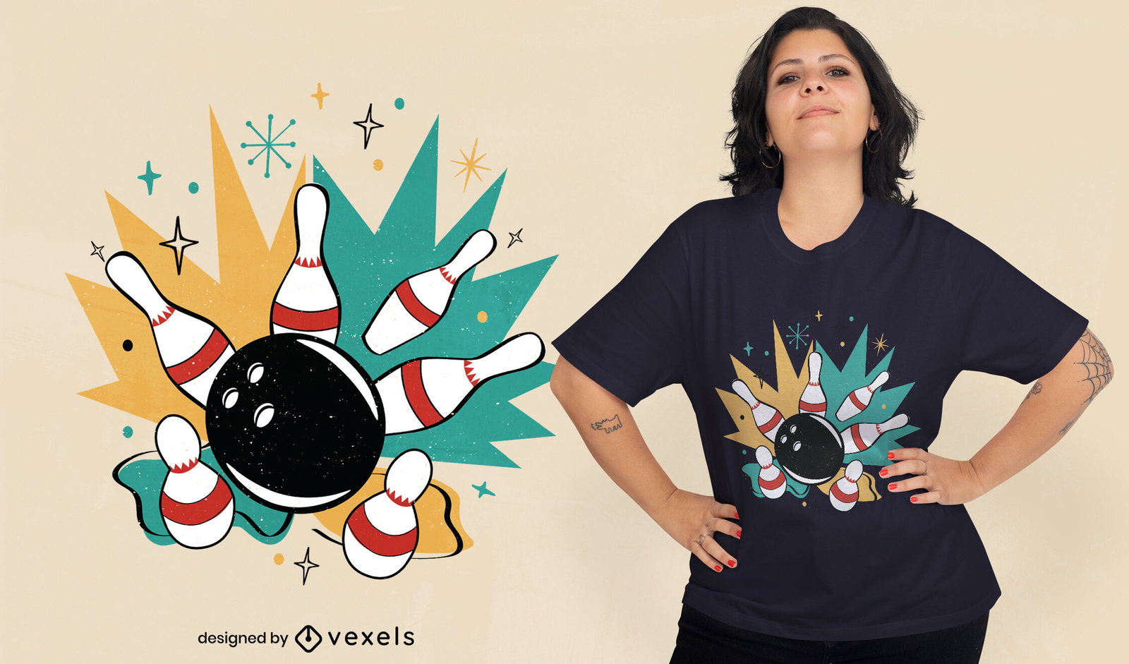 Diseño de camiseta de elementos de bolos retro.