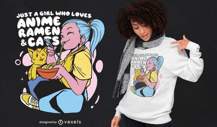 Desenho de camiseta de gata e garota de anime comendo ramen