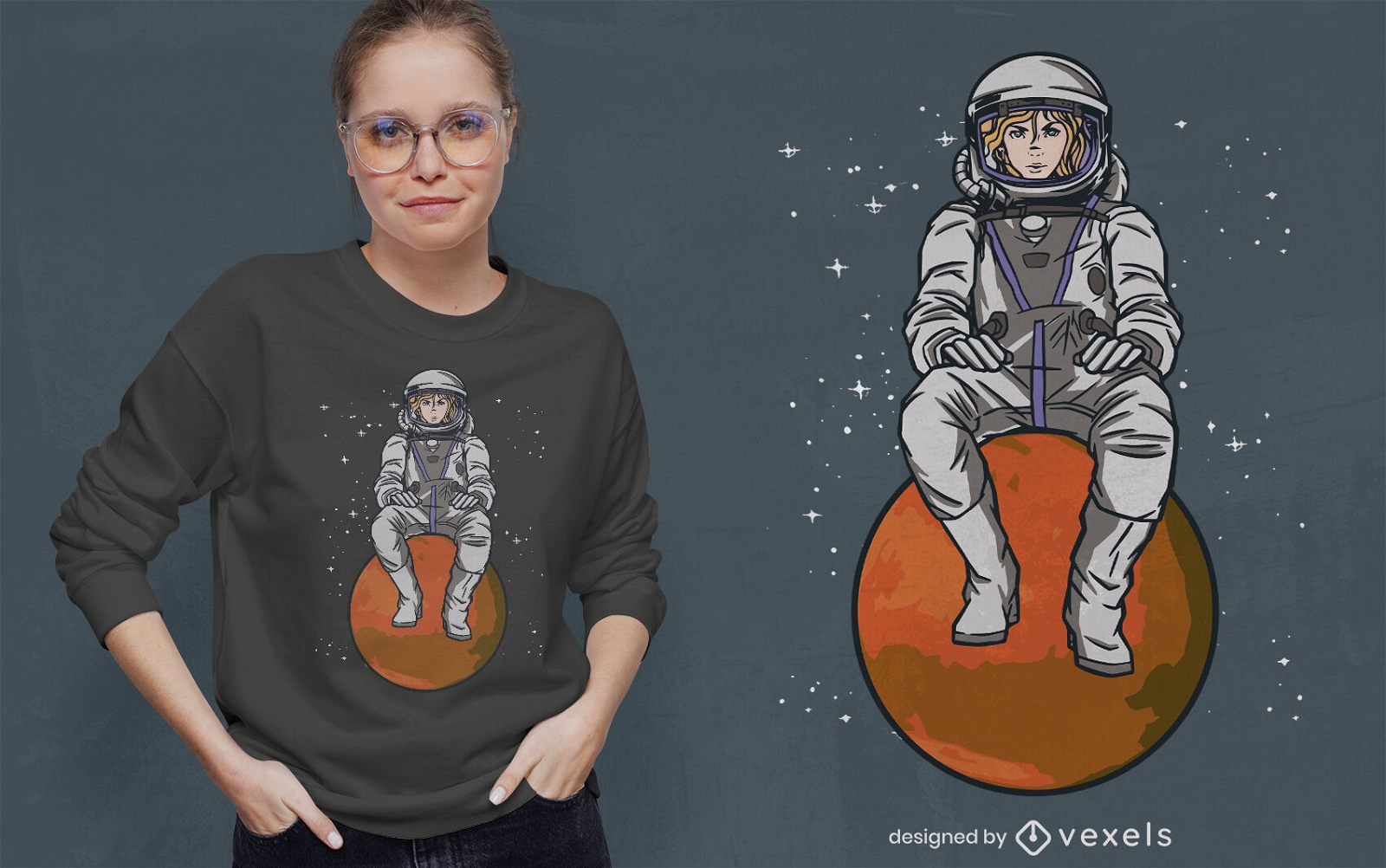 Diseño de camiseta de astronauta en un planeta.