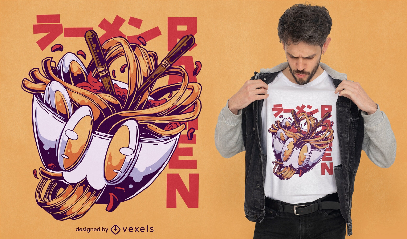 Design de t-shirt de comida com tigela de ramen de anime