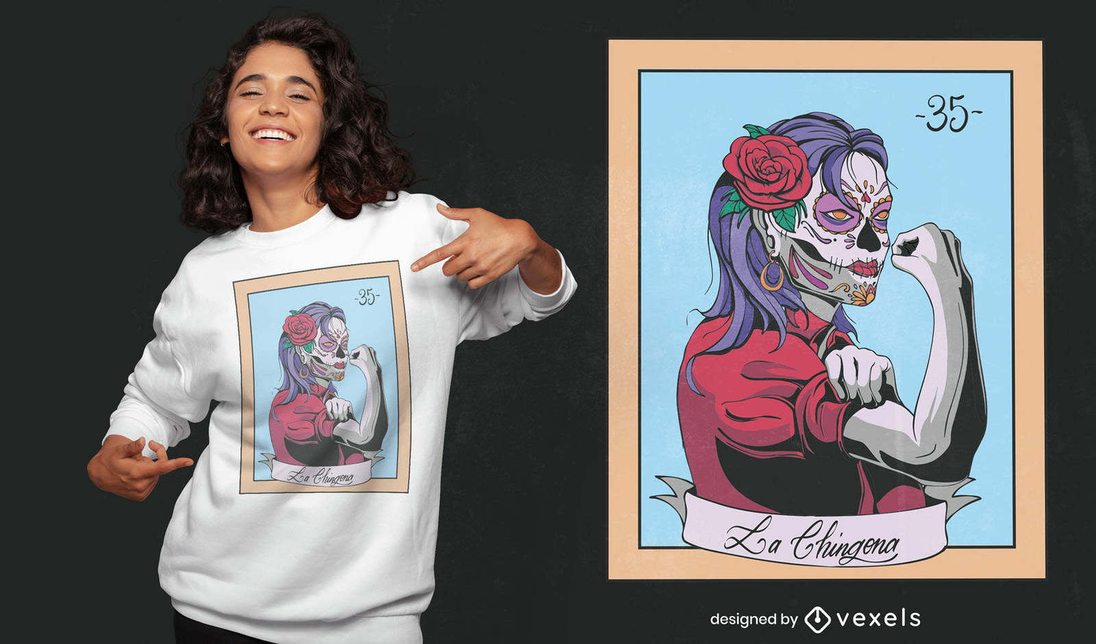 Diseño de camiseta de tarjeta de lotería de niña mexicana.