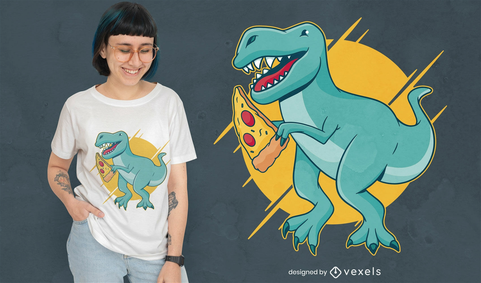 Dise?o de camiseta de dinosaurio comiendo pizza.