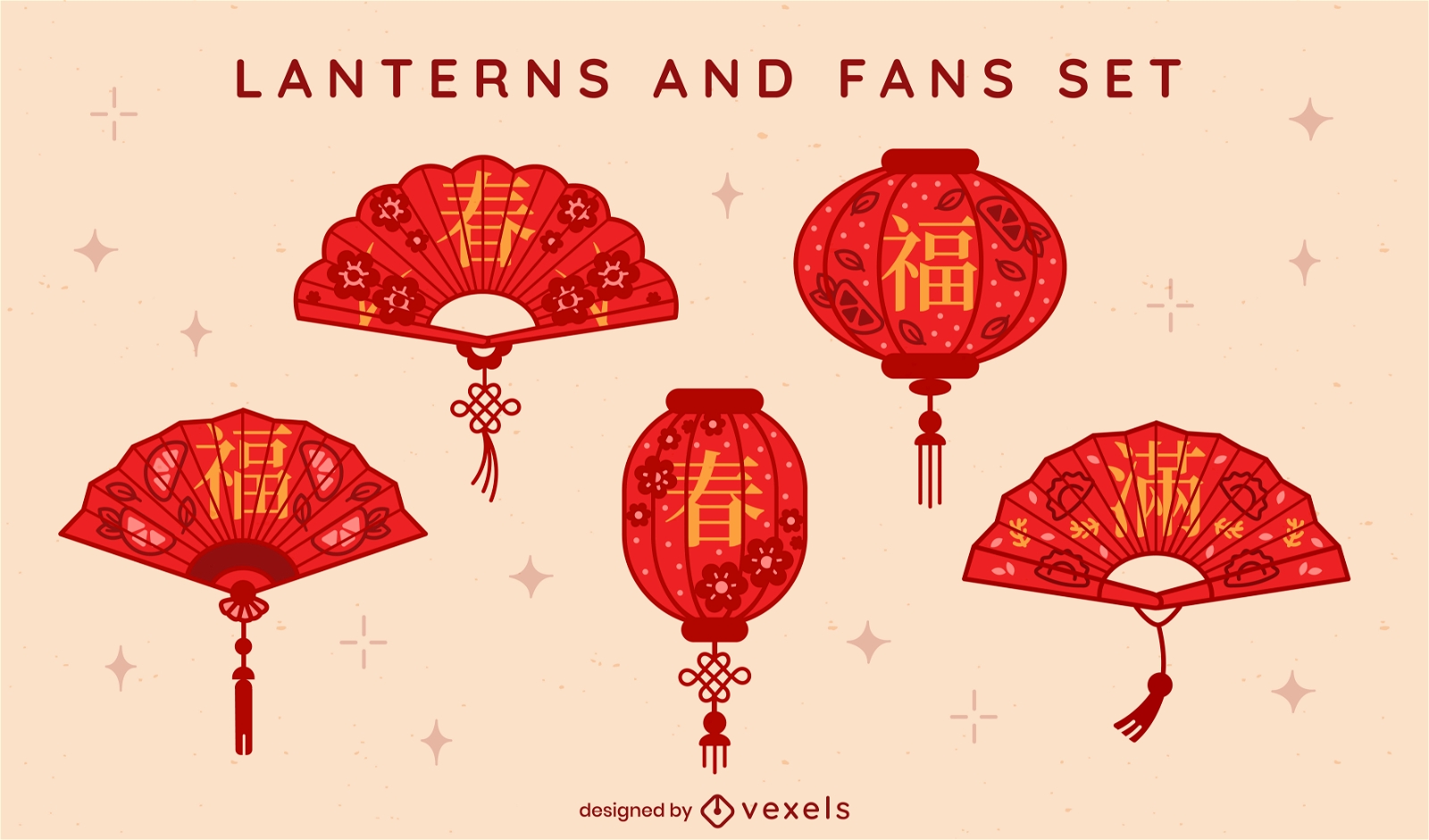 Conjunto de leques e lanternas de ano novo chinês