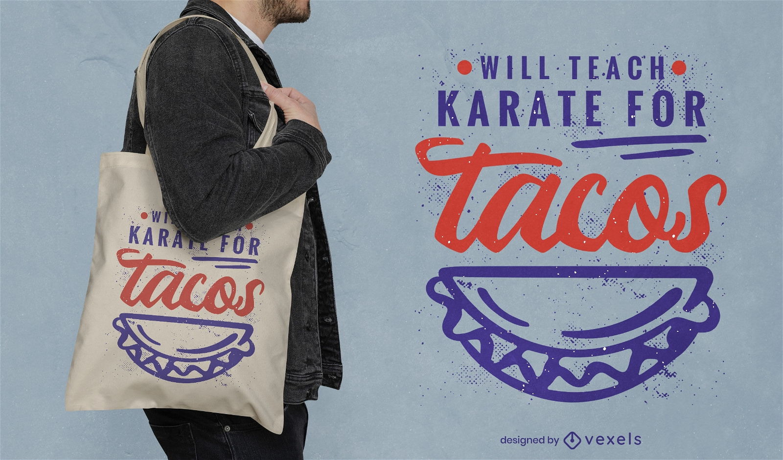 Teach karate for tacos tote bag design