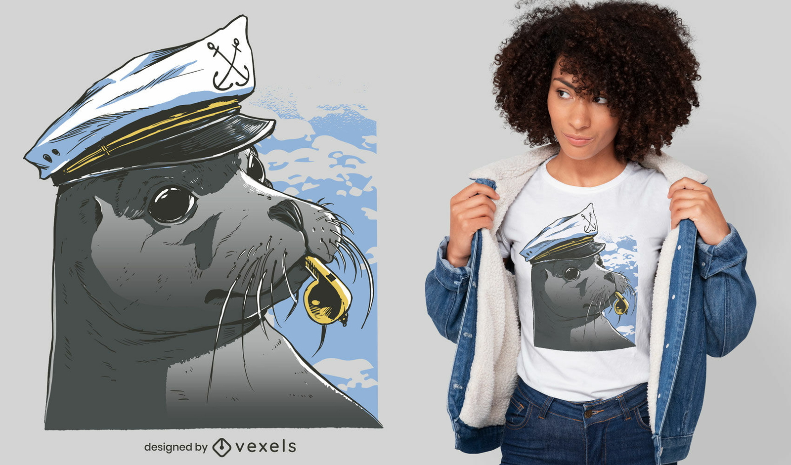 Diseño de camiseta de capitán marinero de foca.