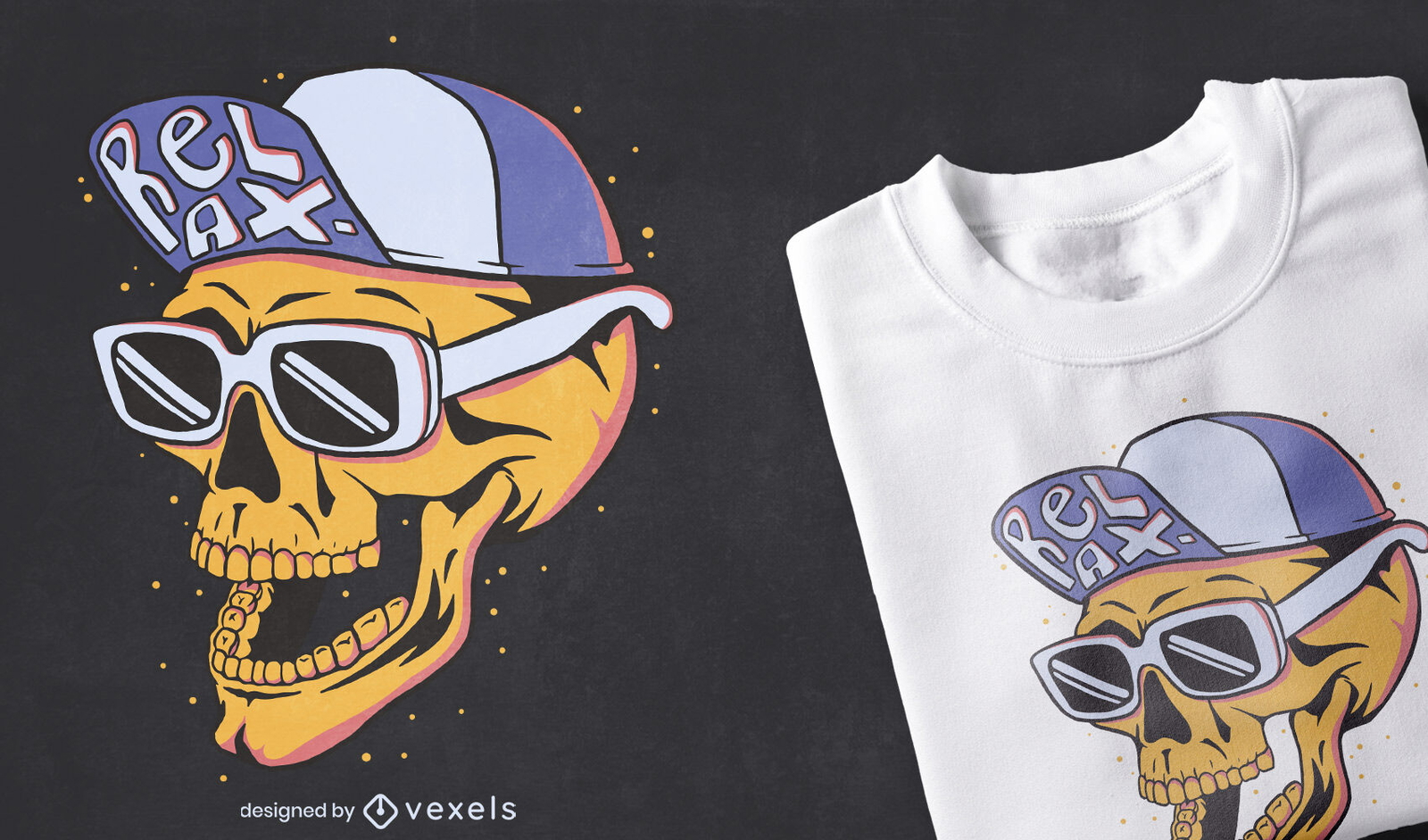 Calavera con gafas de sol y diseño de camiseta de sombrero.