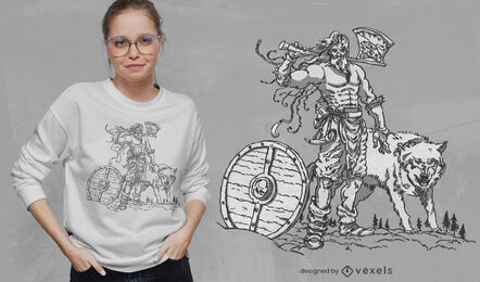 Diseño de camiseta de hombre vikingo y lobo.
