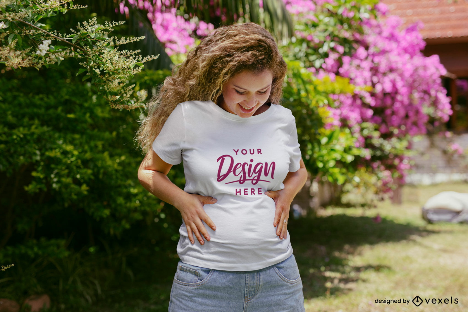 Pregnant touching her belly t-shirt mockup