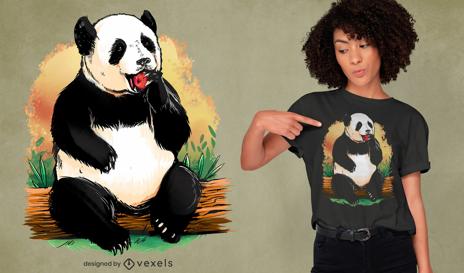 Urso panda comendo camiseta de maçã psd