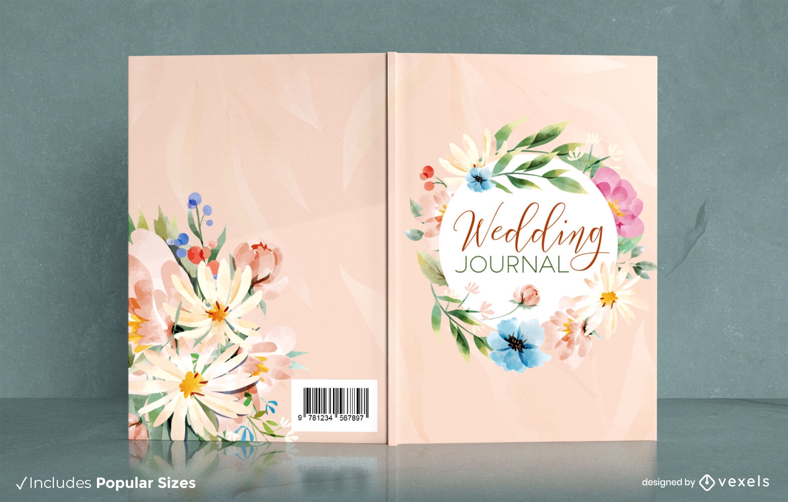 Design floral da capa do livro em aquarela de diário de casamento