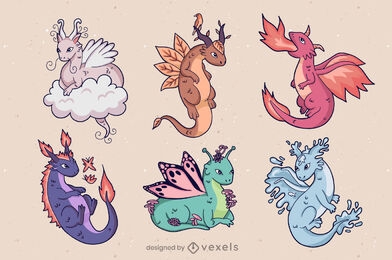 Conjunto de caracteres de dragões fofos