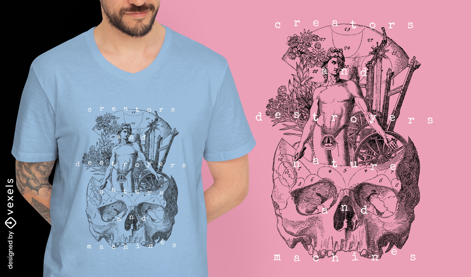 T-shirt psd da natureza desenhada à mão da estátua e do crânio