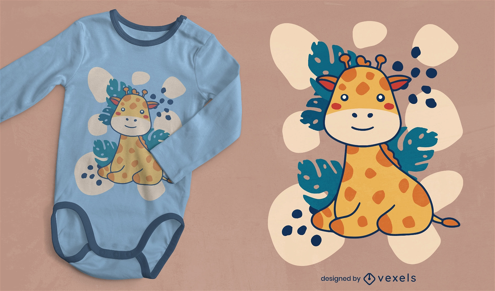 Diseño de camiseta de bebé jirafa y hojas.