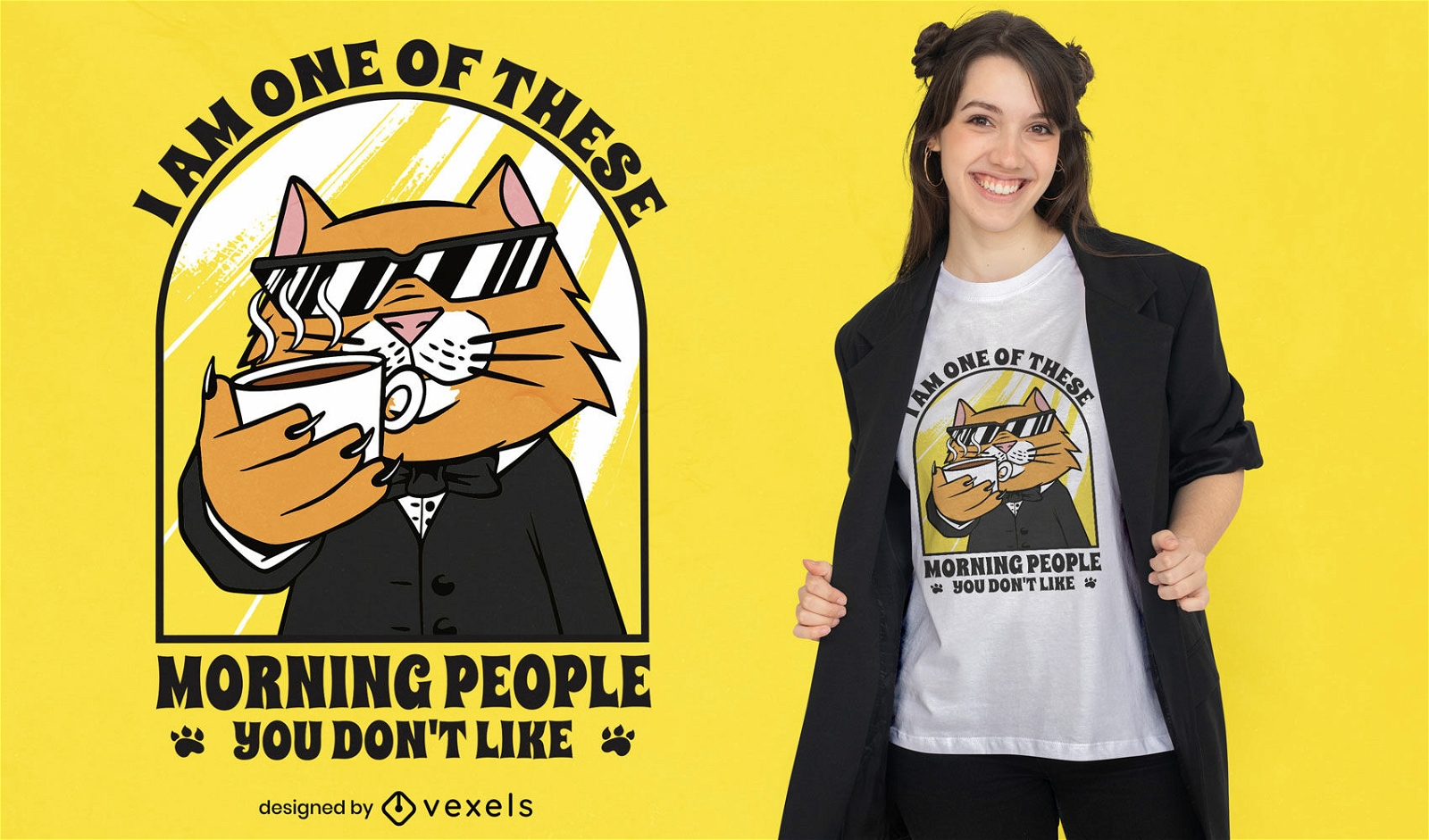 La gente de la mañana cita el diseño de la camiseta del gato.