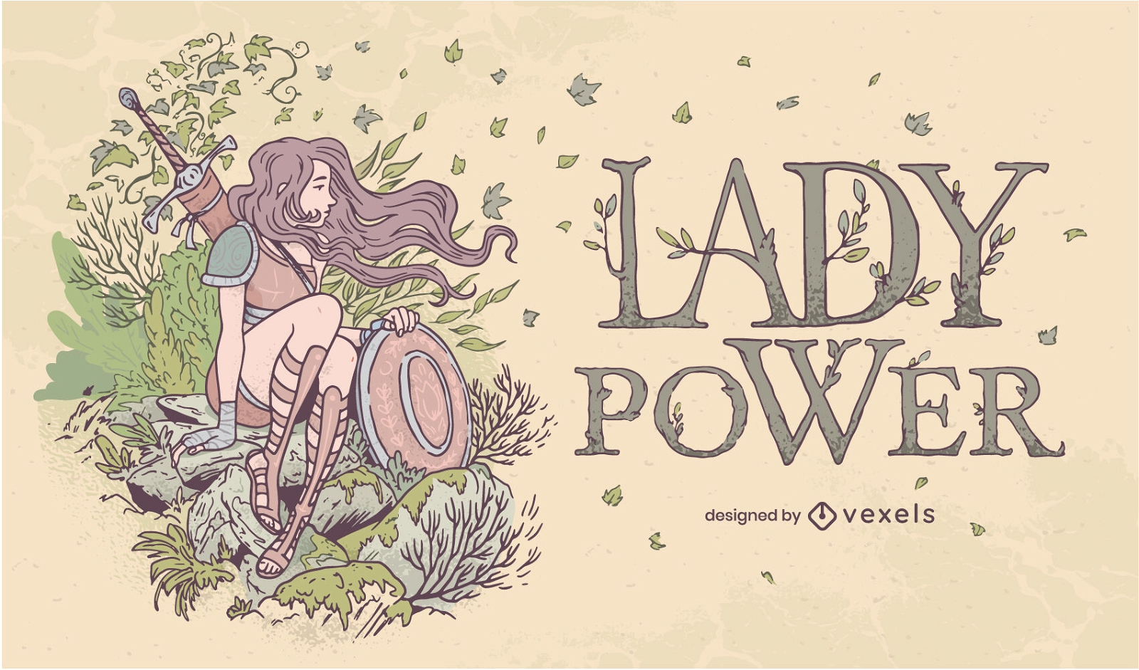 Desenho de ilustração de guerreiro Lady Power Nature