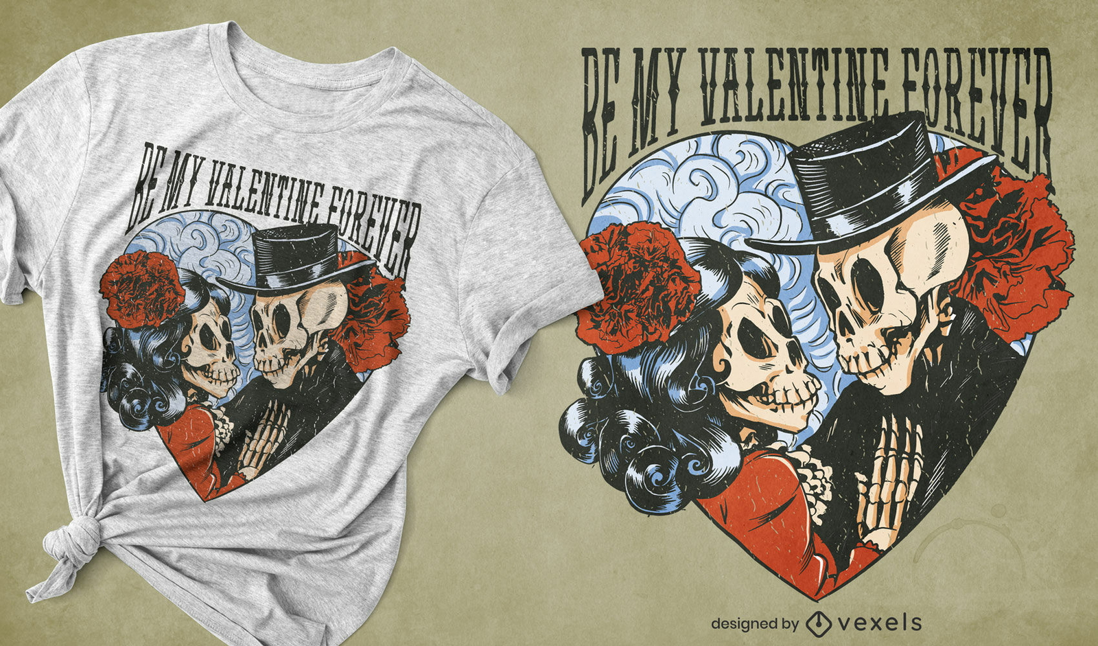 Diseño de camiseta de calaveras de pareja de san valentín