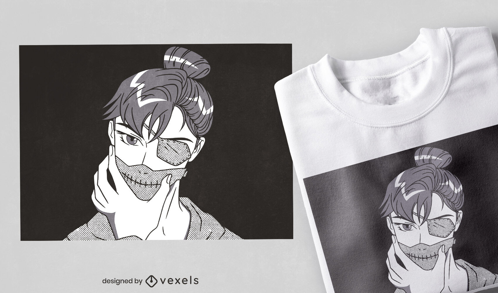 Design de camisetas em preto e branco de anime boy