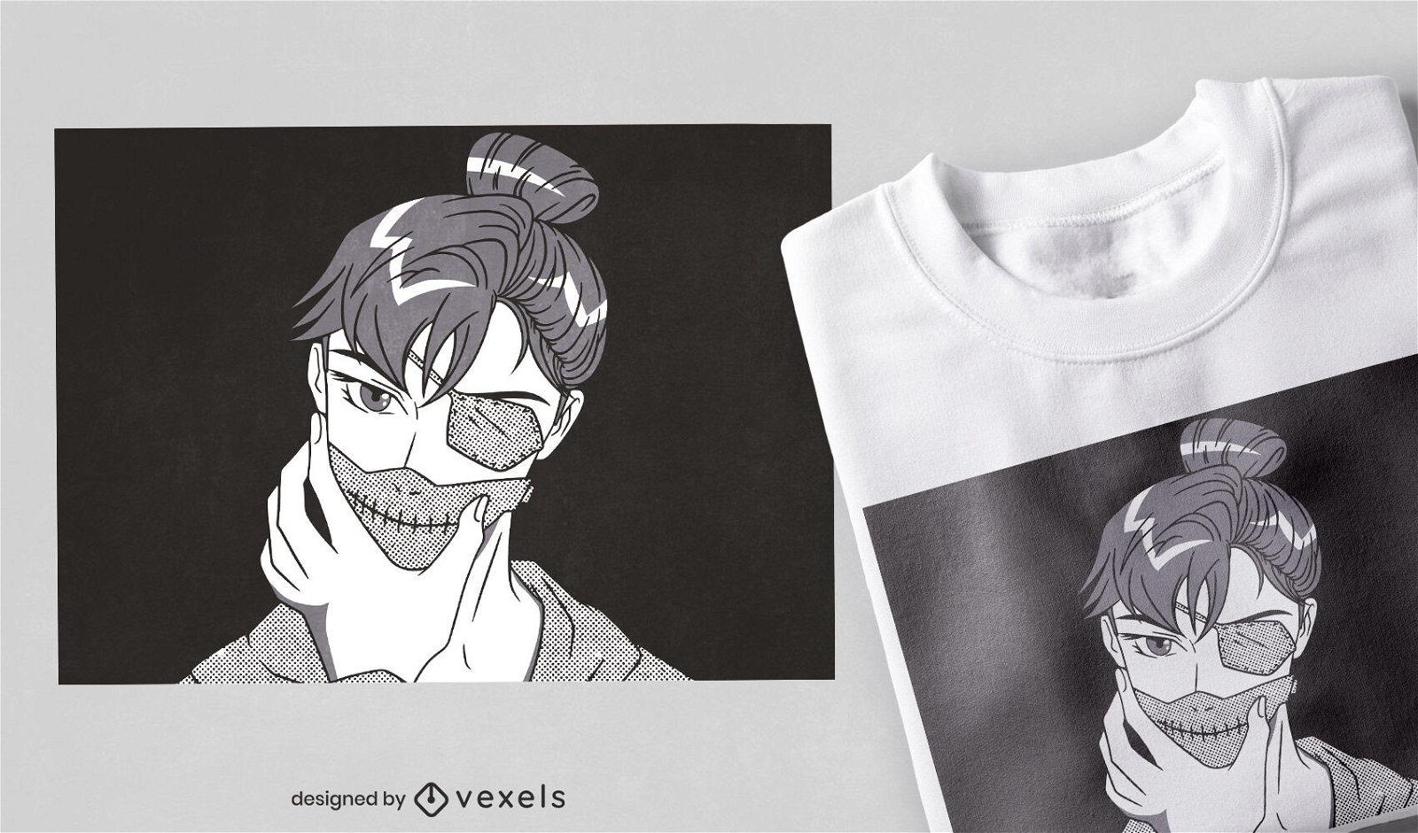 Diseño de camiseta de anime boy en blanco y negro.