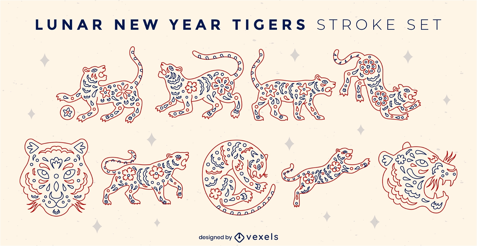 Lunar new year tigers stroke character set