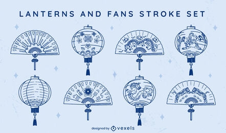 Chinese lanterns and fans stroke set design