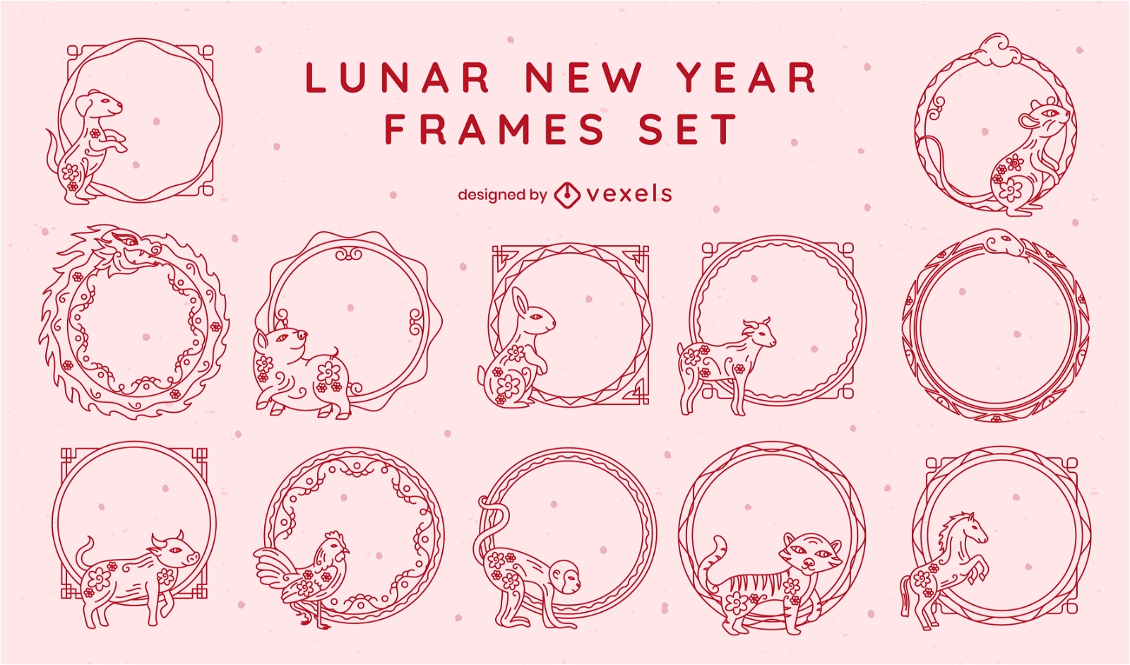 Lunar new year frames stroke set design