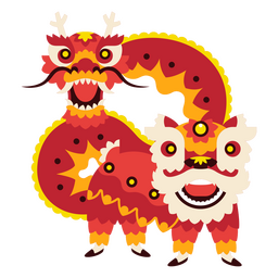 Chinesischer flacher Drache und Löwe geometrisch PNG-Design