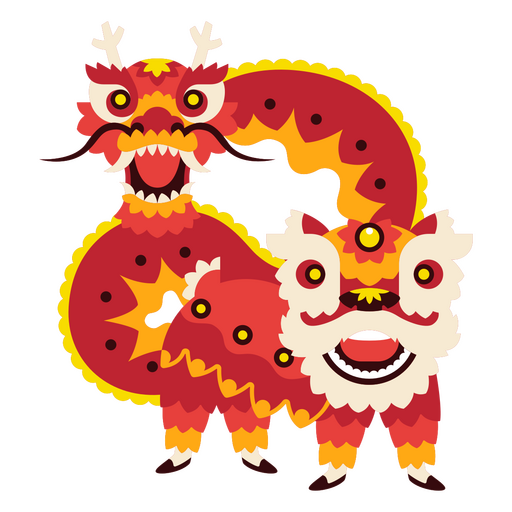 Chinese flat dragon and lion geometric PNG Design