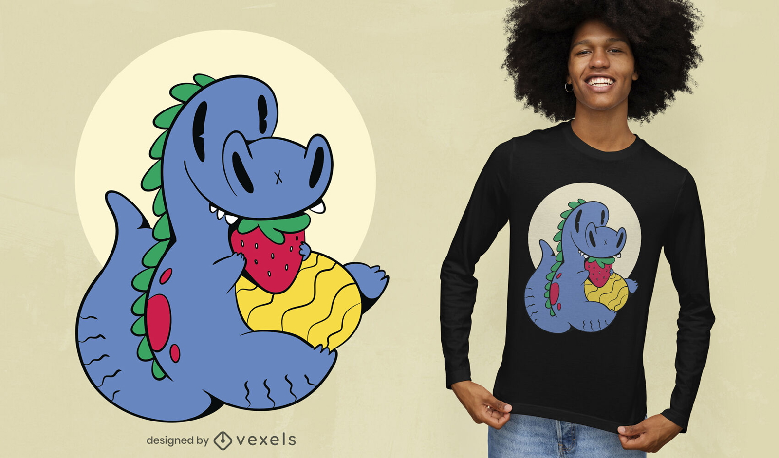 Diseño de camiseta de dinosaurio t-rex comiendo fresa.