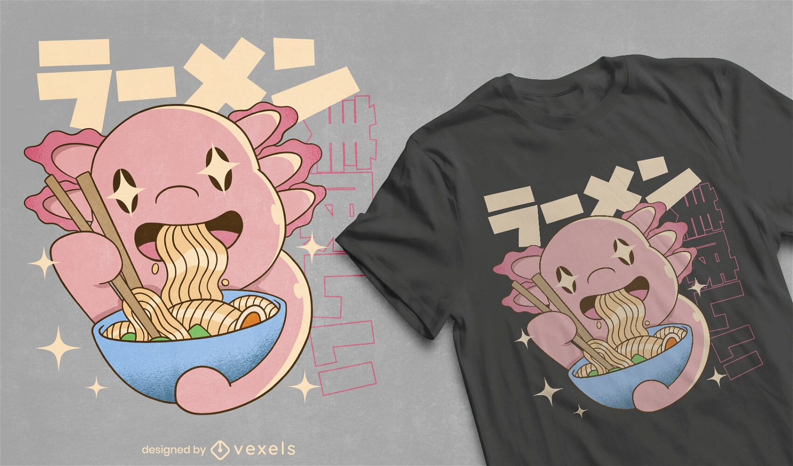 Diseño de camiseta de ajolote comiendo ramen.