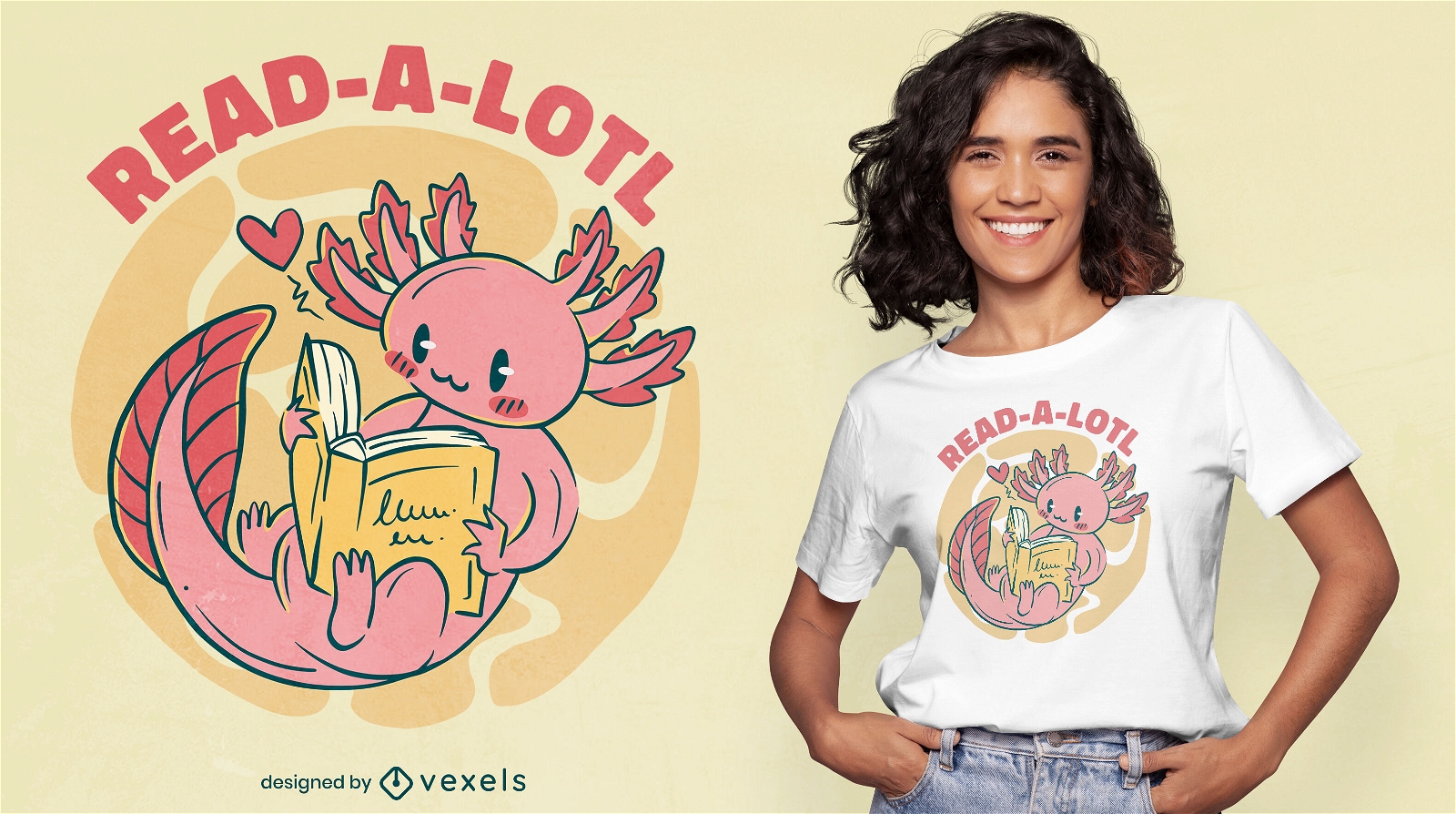 Design de t-shirt de livro de leitura axolotl fofo