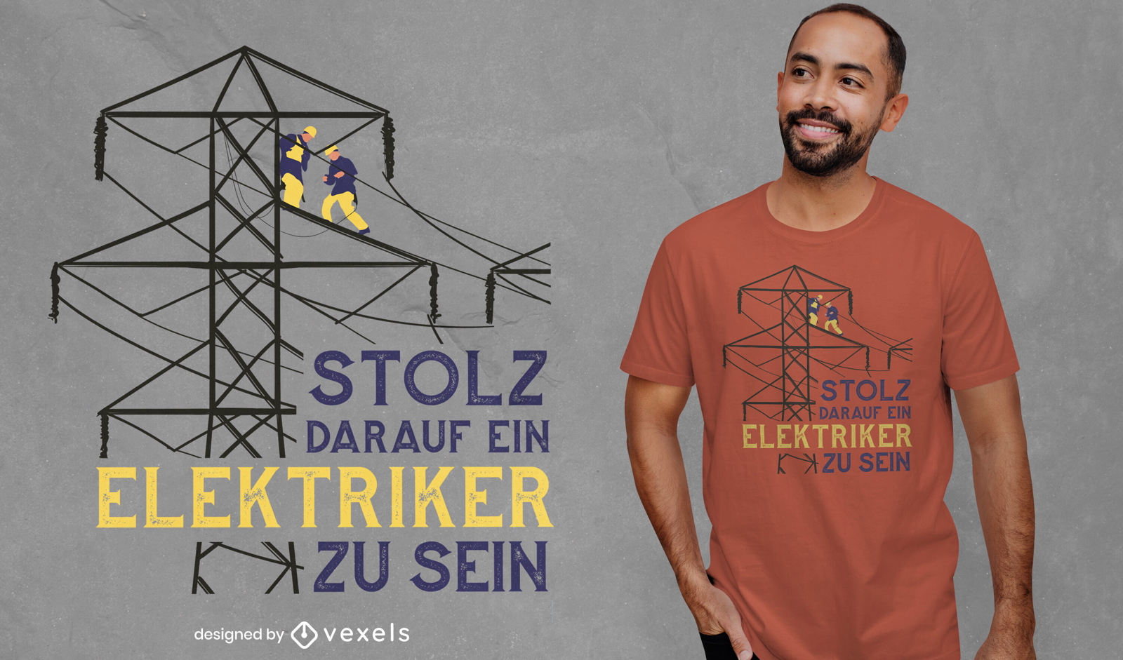 Electricistas que trabajan en el diseño de camisetas de cables.